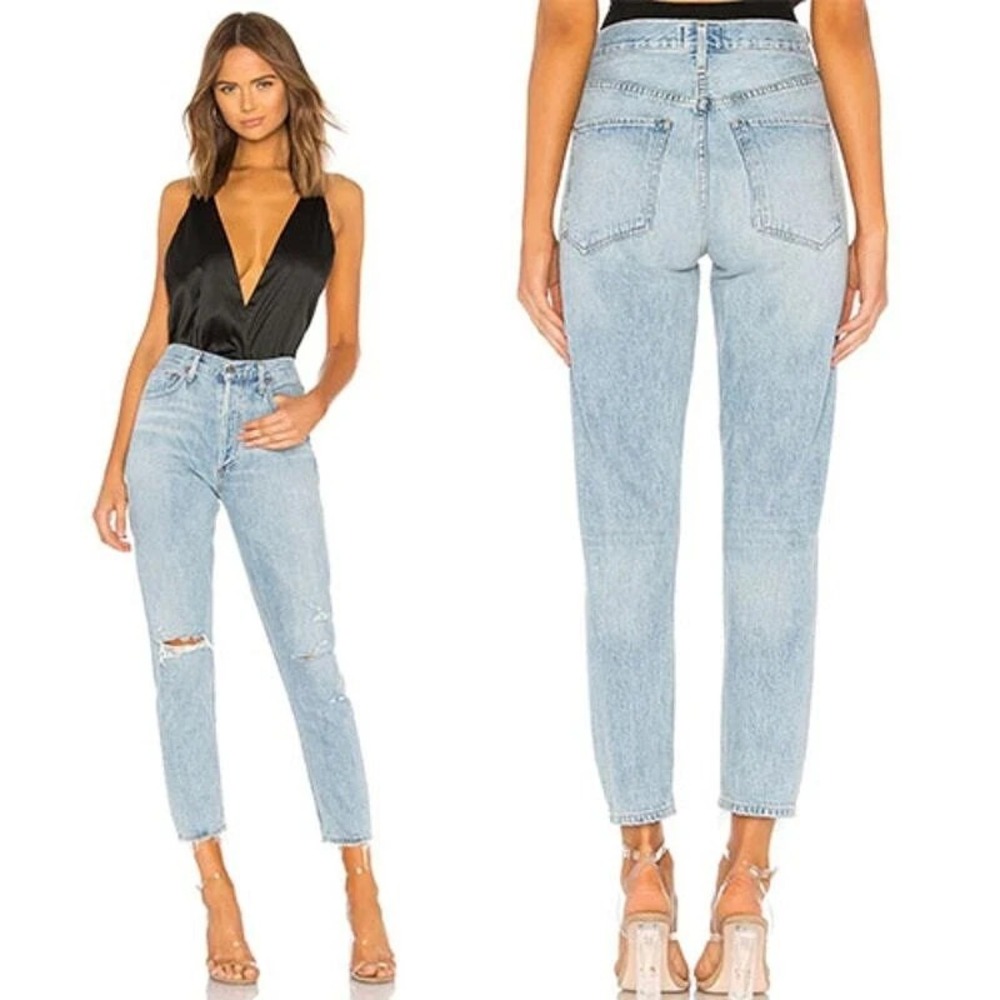 Agolde Jamie High Rise Classic‎ Distressed Womens Jeans Blue Light Wash Size: 29